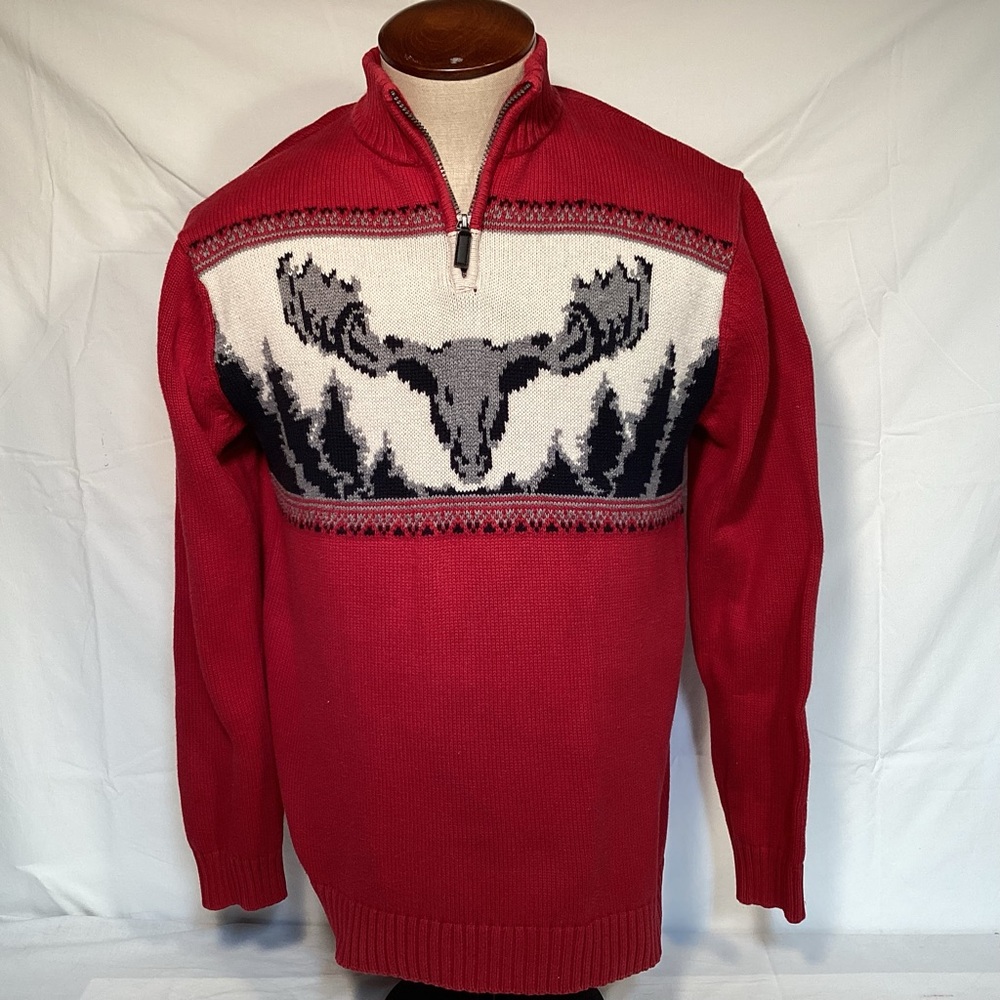 Chaps Red Zip Up Sweater with Moose Head Design Men’s Size Large